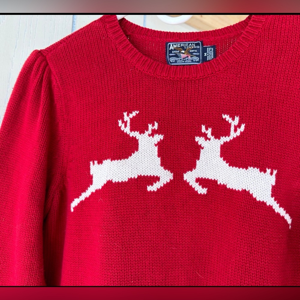 Cabincore Reindeer Sweater Size M Red White Cozy Cotton Knit‎ AMERICAN LIVING